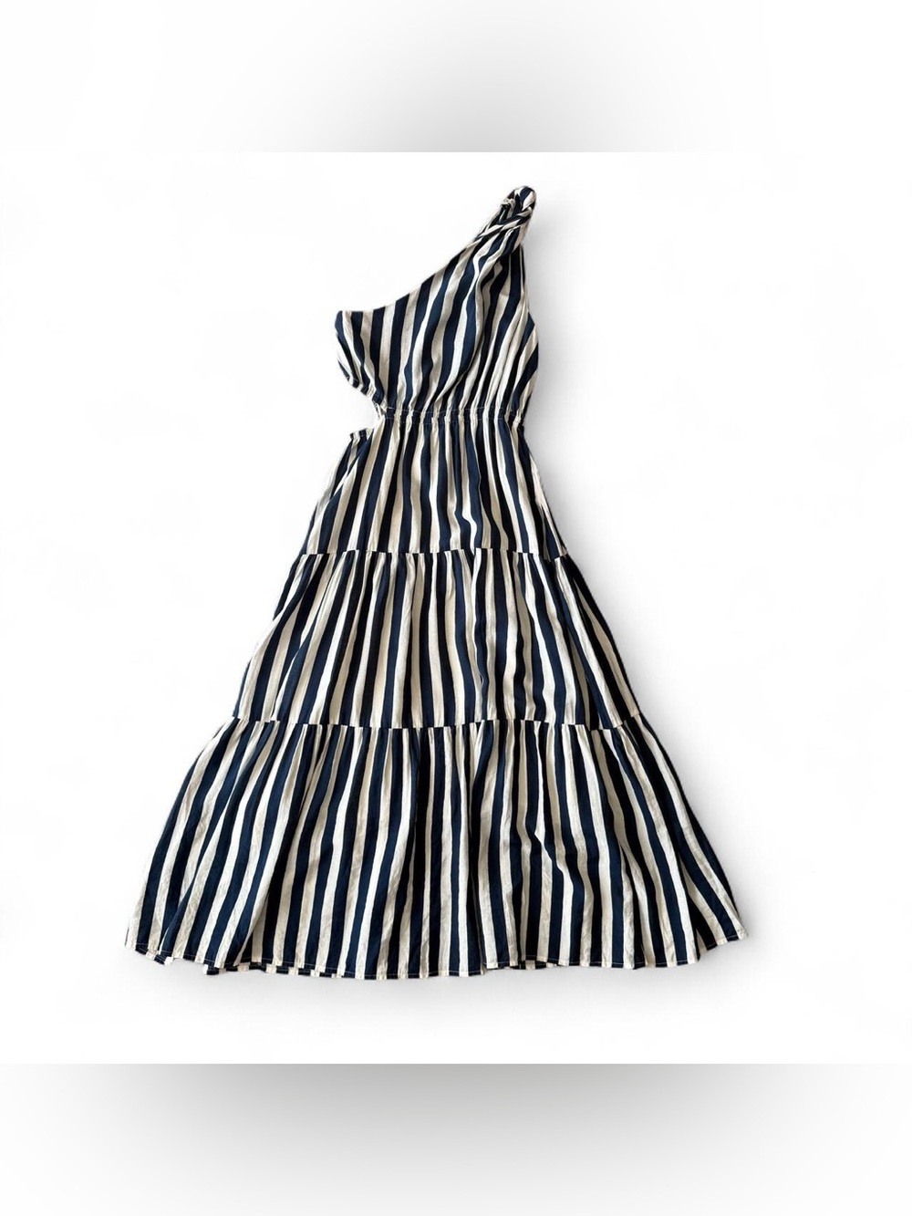 Moon River Women Navy White One Shoulder Cutout Striped Tiered Maxi Dress Size M